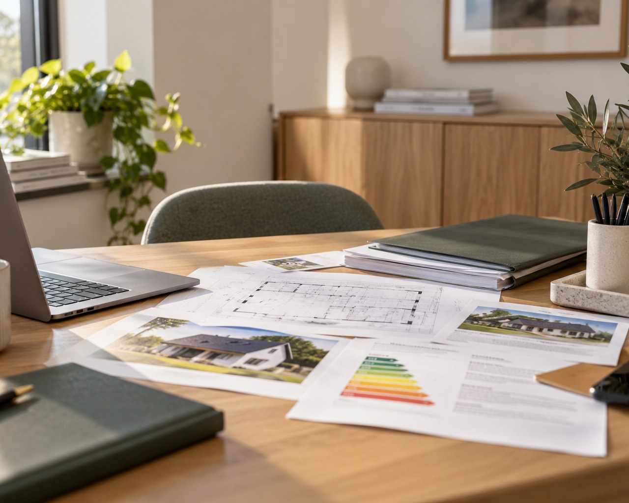 Bureau met laptop, plattegrond en energielabelinformatie