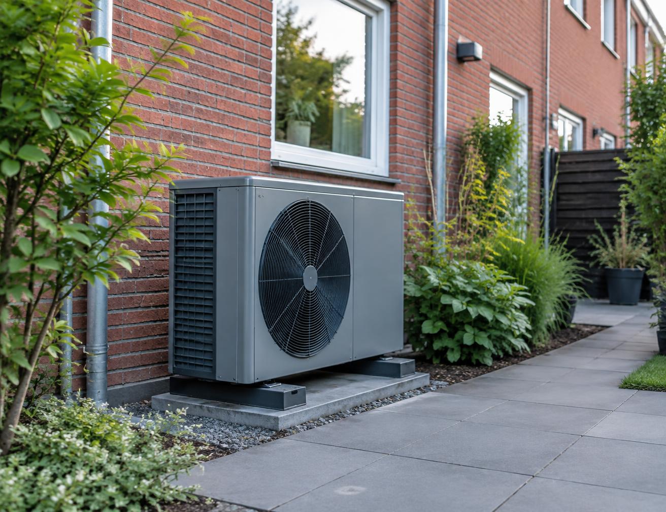 Warmtepomp naast een bakstenen rijwoning
