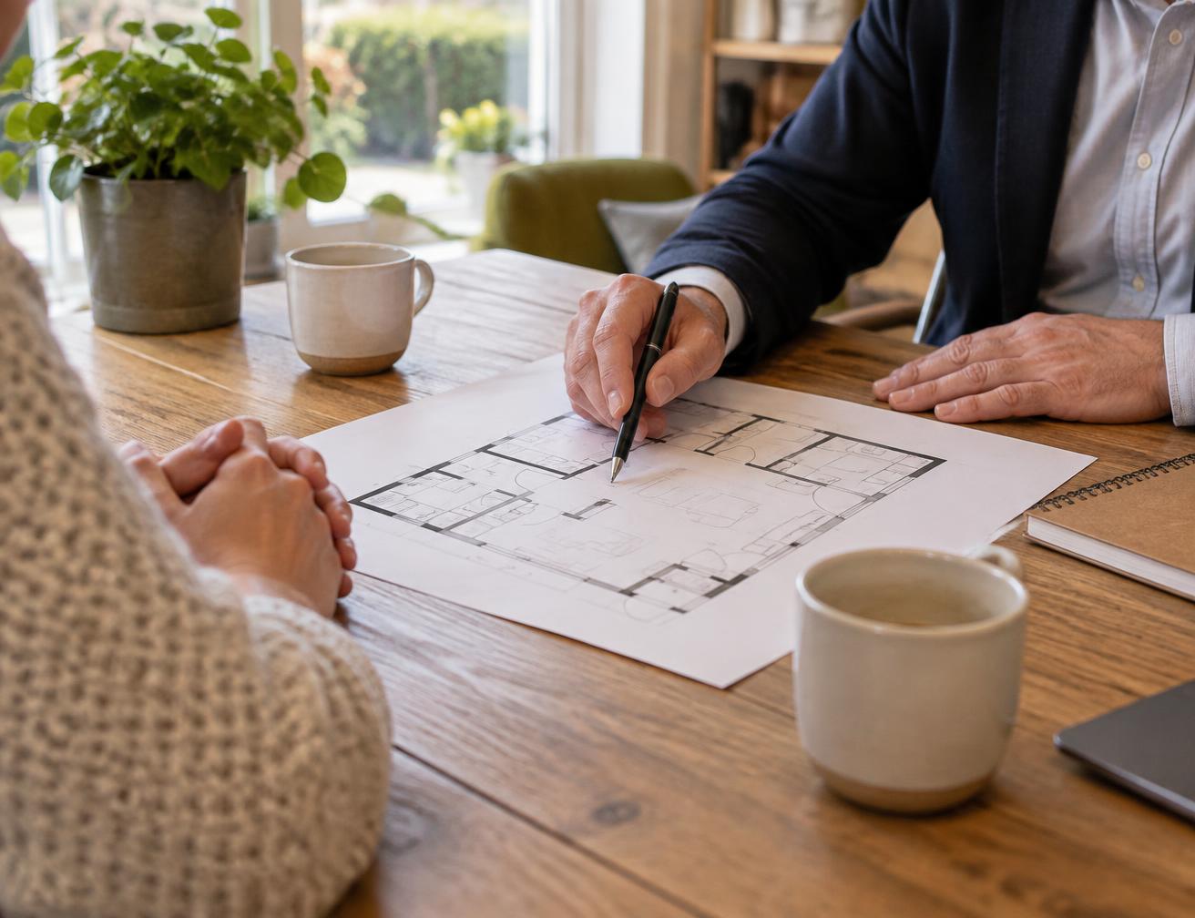 Adviesmoment aan tafel met een plattegrond